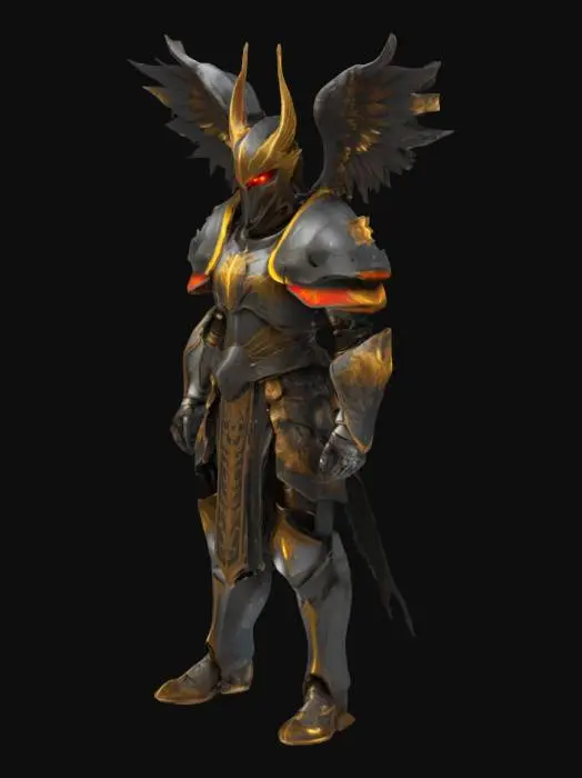 3D model for extremely detailed, fantasy extreme humanoid Warrior,  Dark and Golden Plate Armor, Winged Helmet with glowing red eyes, high resolution texture, epic stance
