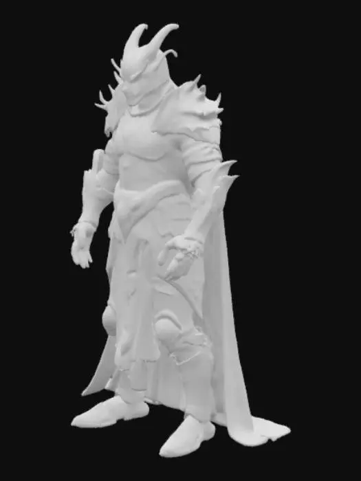 3D model for extremely detailed, fantasy extreme humanoid melnibonean Warrior,  black and scarlet Plate Armor, draconic Helmet with glowing golden eyes, high resolution texture, epic stance