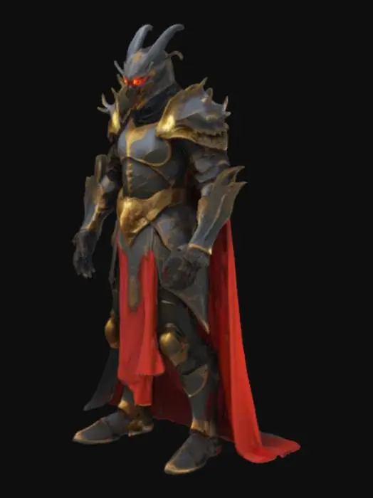 3D model for extremely detailed, fantasy extreme humanoid melnibonean Warrior,  black and scarlet Plate Armor, draconic Helmet with glowing golden eyes, high resolution texture, epic stance
