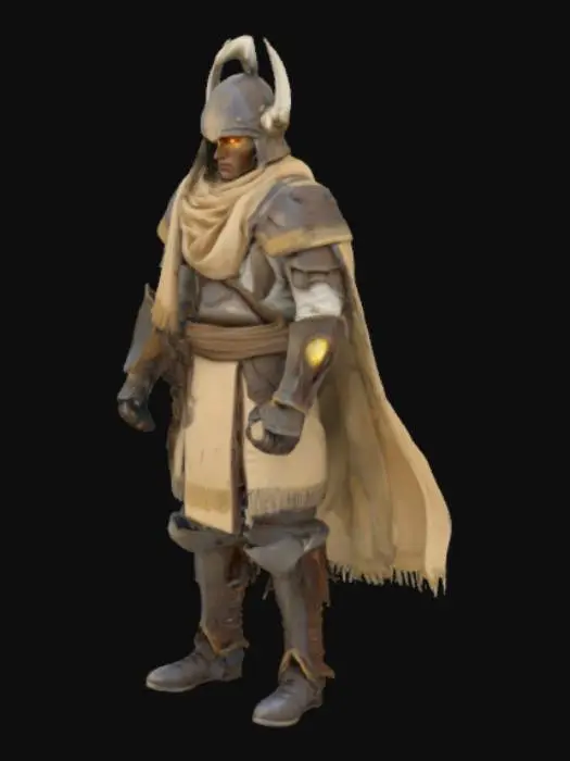 3D model for extremely detailed, fantasy humanoid warrior, cloth mongolian steppe style cream and brown Armor, mongolian helmet and face hidden in a cream scarf with glowing golden eyes, high resolution texture, epic stance