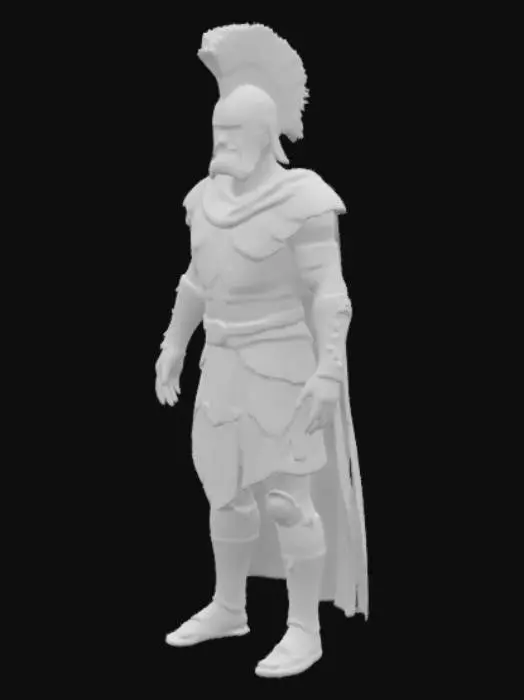 3D model for extremely detailed, extreme middle east antic humanoid warrior , assyrian brazen scaled Armor with cyan cloth details. Conic helmet with blue panache and bearded dark face  with glowing golden eyes, high resolution texture, epic stance