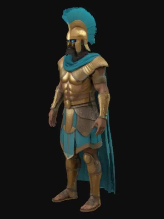 3D model for extremely detailed, extreme middle east antic humanoid warrior , assyrian brazen scaled Armor with cyan cloth details. Conic helmet with blue panache and bearded dark face  with glowing golden eyes, high resolution texture, epic stance