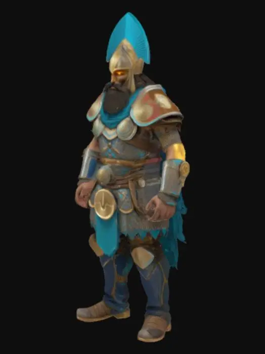 3D model for extremely detailed, extreme middle east antic humanoid warrior , assyrian brazen scaled Armor with cyan cloth details. Conic helmet with blue panache and bearded dark face  with glowing golden eyes, high resolution texture, epic stance