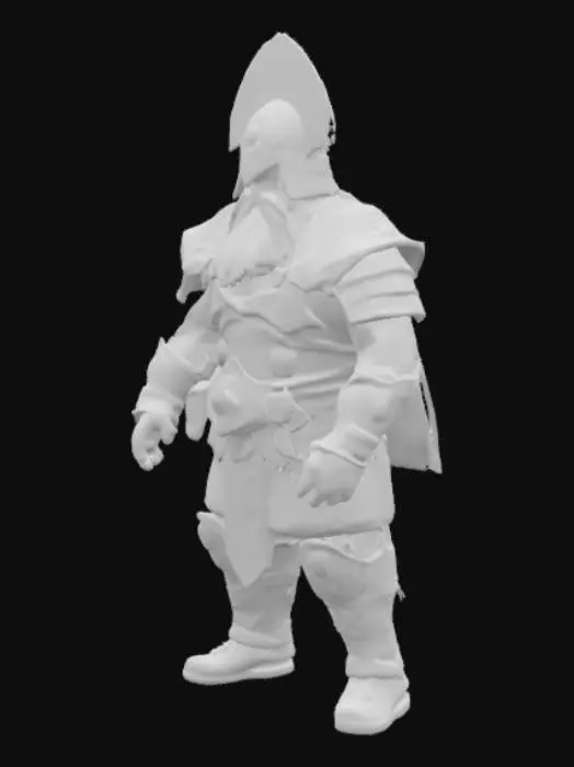 3D model for extremely detailed, extreme middle east antic humanoid warrior , assyrian brazen scaled Armor with cyan cloth details. Conic helmet with blue panache and bearded dark face  with glowing golden eyes, high resolution texture, epic stance