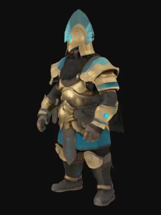 3D model for extremely detailed, extreme middle east antic humanoid warrior , assyrian brazen scaled Armor with cyan cloth details. Conic helmet with blue panache and bearded dark face  with glowing golden eyes, high resolution texture, epic stance
