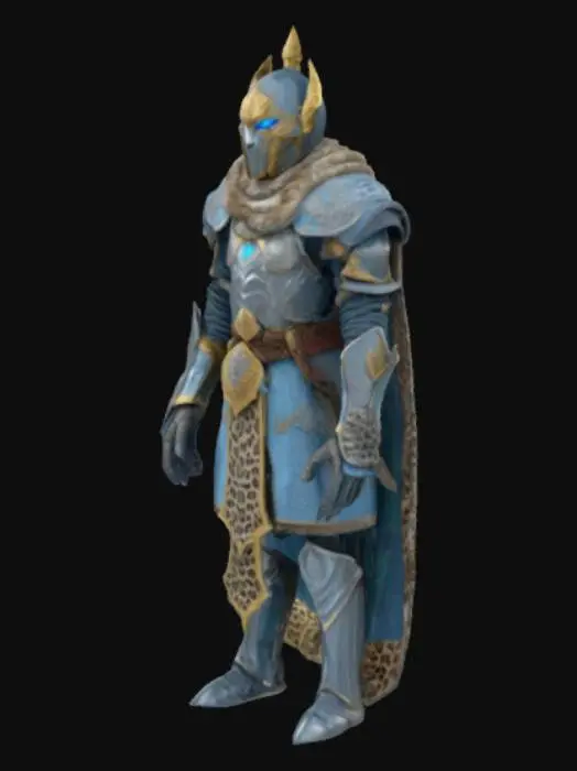 3D model for extremely detailed, fantasy extreme humanoid Warrior,  medieval slavic grey and ice blue Armor, with leopard skin cloak , golden helmet and with glowing blue eyes, high resolution texture, epic stance, no weapons