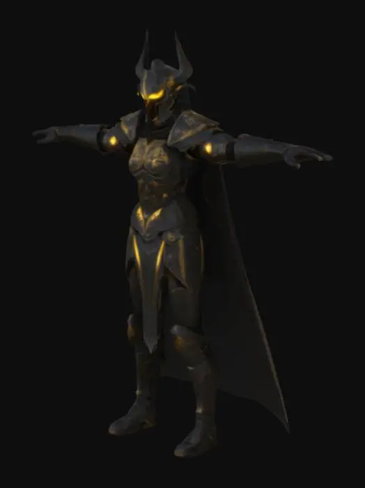 3D model for extremely detailed, dark fantasy extreme humanoid Paladin , dark celestial plate Armor, with glowing  details, templar helmet and with glowing goldeb eyes, high resolution texture, epic stance, no weapons, no cloth, t pose