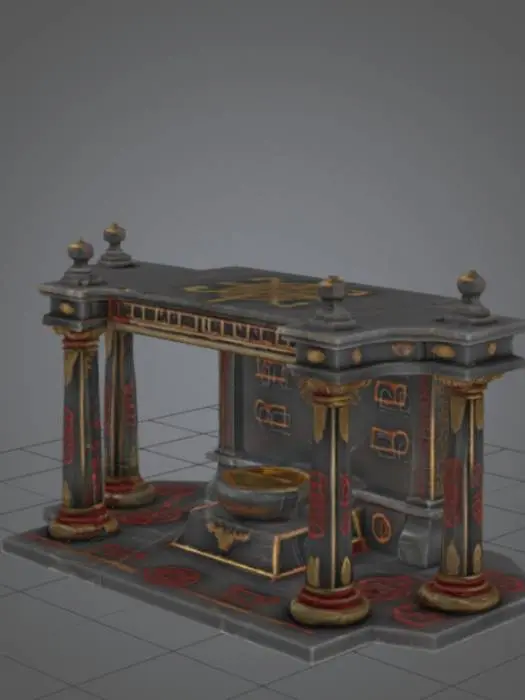 3D model for A dark fantasy sacrificial altar inspired by Melnibonean design. The altar is made of smooth black polished stone with elegant golden inlays and subtle red rune engravings. The surface is wide and flat, supported by four heavy ornate pillars with carved decorative patterns. A shallow basin is integrated into the center, designed to collect offerings or blood. Stylized 3D concept, Meshy-ready, hard surface model, symmetrical, no organic elements, white background.

