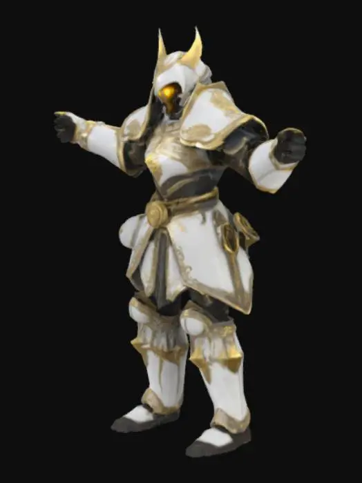 3D model for extremely detailed, dark fantasy extreme humanoid warrior celestial white and gold Armor, with glowing  details, templar helmet and with glowing golden eyes, high resolution texture, epic stance, no weapons, no cloth, t pose