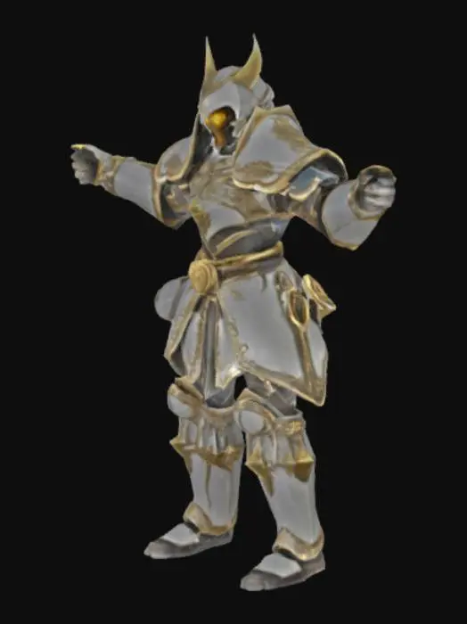 3D model for extremely detailed, dark fantasy extreme humanoid warrior celestial white and gold Armor, with glowing  details, templar helmet and with glowing golden eyes, high resolution texture, epic stance, no weapons, no cloth, t pose