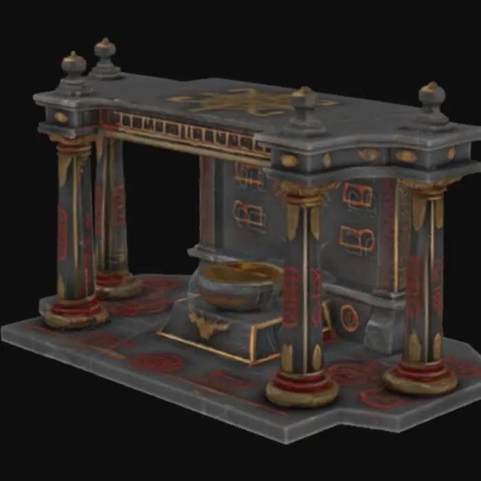 3D model for A dark fantasy sacrificial altar inspired by Melnibonean design. The altar is made of smooth black polished stone with elegant golden inlays and subtle red rune engravings. The surface is wide and flat, supported by four heavy ornate pillars with carved decorative patterns. A shallow basin is integrated into the center, designed to collect offerings or blood. Stylized 3D concept, Meshy-ready, hard surface model, symmetrical, no organic elements, white background.

