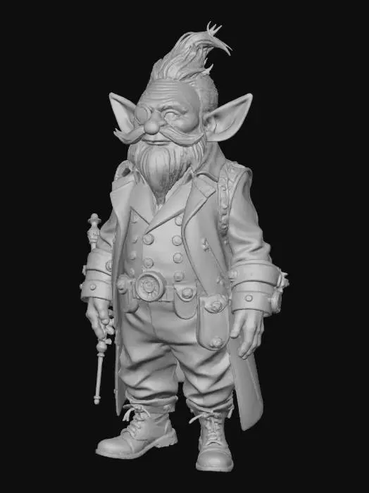 3D model for A gnome steampunk artificer with scarse hair wearing a noble suite with a number of belts and pockets attached. On his face he wears a monocle over his right eye.
In his right hand he holds a screwdriver while his left arm is covered in mechanical appliances that seem to enhance his physical abilities.