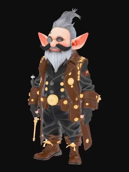 3D model for A gnome steampunk artificer with scarse hair wearing a noble suite with a number of belts and pockets attached. On his face he wears a monocle over his right eye.
In his right hand he holds a screwdriver while his left arm is covered in mechanical appliances that seem to enhance his physical abilities.