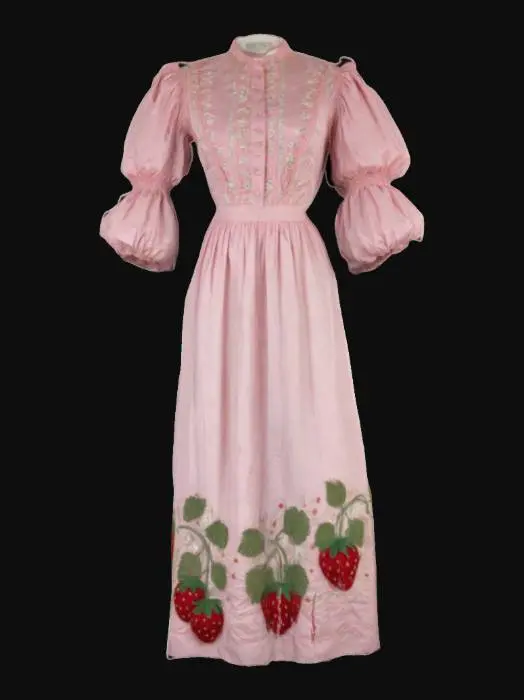 3D model for victorian era taffeta baby pink midi length prairie dress with puff sleeves with sequined embroidery of strawberries, cottagecore, unreal engine, t-pose, no hands, no body, no head