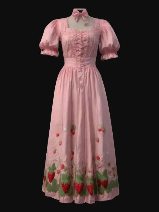 3D model for victorian era taffeta baby pink midi length prairie dress with puff sleeves with sequined embroidery of strawberries, cottagecore, unreal engine, t-pose, no hands, no body, no head