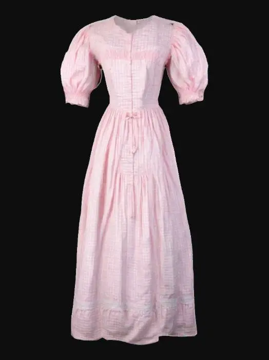 3D model for victorian era taffeta baby pink midi length prairie dress with puff sleeves with sequined embroidery of strawberries, cottagecore, unreal engine, t-pose, no hands, no body, no head