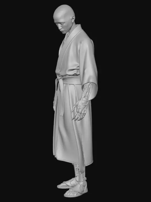 3D model for Japanese monk, cyborg body, looking down, very realistic, blade runner mood
