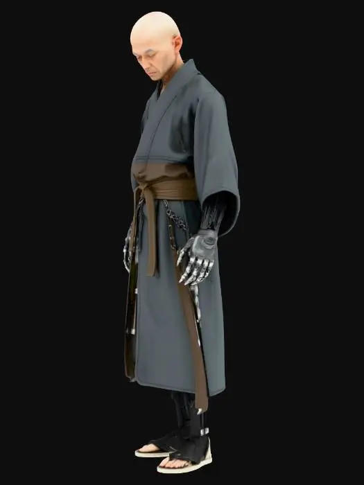 3D model for Japanese monk, cyborg body, looking down, very realistic, blade runner mood