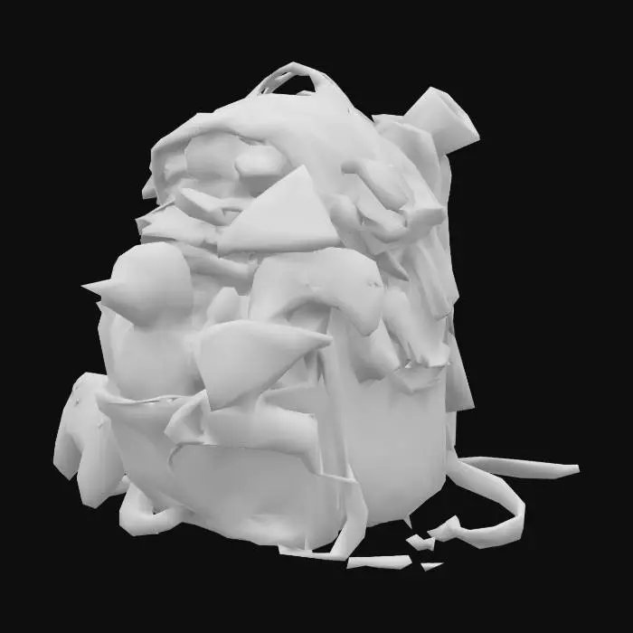 3D model for A chaotic, overstuffed backpack with random items sticking out of it—like a rubber duck, slice of pizza, game controller, banana peel, broken pencil, and maybe a rolled-up “missing homework” scroll. It bounces slightly when you walk, with optional small particle effects (crumbs, sparkles, or stickers).