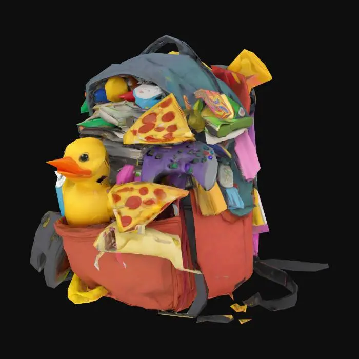3D model for A chaotic, overstuffed backpack with random items sticking out of it—like a rubber duck, slice of pizza, game controller, banana peel, broken pencil, and maybe a rolled-up “missing homework” scroll. It bounces slightly when you walk, with optional small particle effects (crumbs, sparkles, or stickers).
