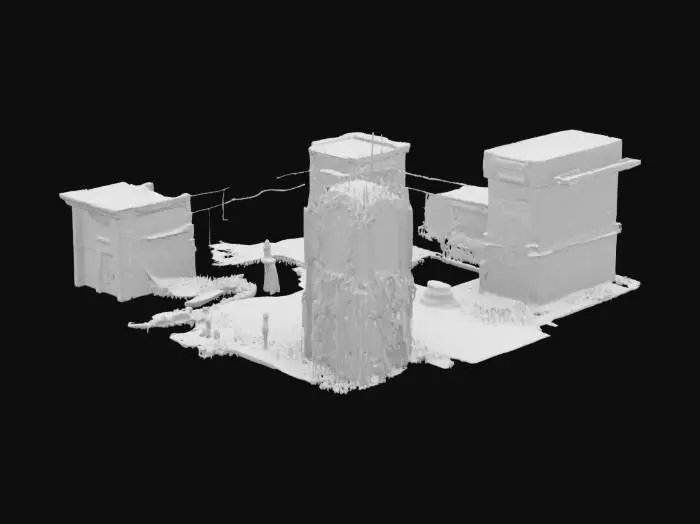 3D model for A dark, desolate futuristic cityscape with ancient ruined architecture, toppled buildings, broken statues, scattered debris and cracked pavement. The environment is lit by soft ambient moonlight or deep blue atmospheric lighting. The skyline is filled with destroyed high-rises and silhouette towers lost in mist. No humans, no machines, no glowing cores — only ruins and forgotten structures. The scene is post-apocalyptic, eerie, and quiet — meant to suggest a civilization long gone. Tileable elements, high-detail textures on stone and rubble.