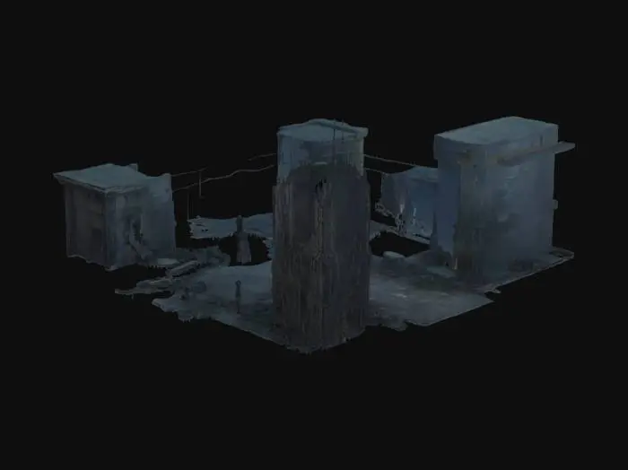 3D model for A dark, desolate futuristic cityscape with ancient ruined architecture, toppled buildings, broken statues, scattered debris and cracked pavement. The environment is lit by soft ambient moonlight or deep blue atmospheric lighting. The skyline is filled with destroyed high-rises and silhouette towers lost in mist. No humans, no machines, no glowing cores — only ruins and forgotten structures. The scene is post-apocalyptic, eerie, and quiet — meant to suggest a civilization long gone. Tileable elements, high-detail textures on stone and rubble.