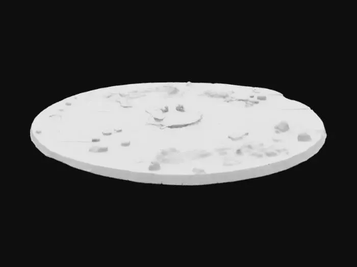 3D model for A dark, desolate futuristic cityscape with ancient ruined architecture, toppled buildings, broken statues, scattered debris and cracked pavement. The environment is lit by soft ambient moonlight or deep blue atmospheric lighting. The skyline is filled with destroyed high-rises and silhouette towers lost in mist. No humans, no machines, no glowing cores — only ruins and forgotten structures. The scene is post-apocalyptic, eerie, and quiet — meant to suggest a civilization long gone. Tileable elements, high-detail textures on stone and rubble.