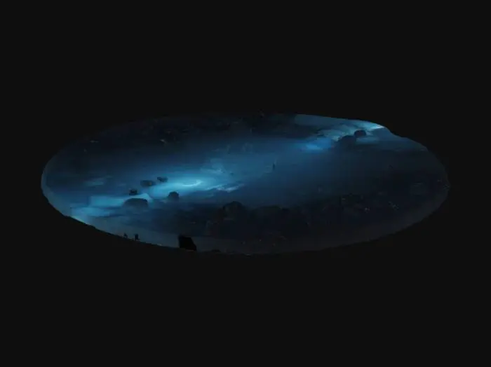 3D model for A dark, desolate futuristic cityscape with ancient ruined architecture, toppled buildings, broken statues, scattered debris and cracked pavement. The environment is lit by soft ambient moonlight or deep blue atmospheric lighting. The skyline is filled with destroyed high-rises and silhouette towers lost in mist. No humans, no machines, no glowing cores — only ruins and forgotten structures. The scene is post-apocalyptic, eerie, and quiet — meant to suggest a civilization long gone. Tileable elements, high-detail textures on stone and rubble.