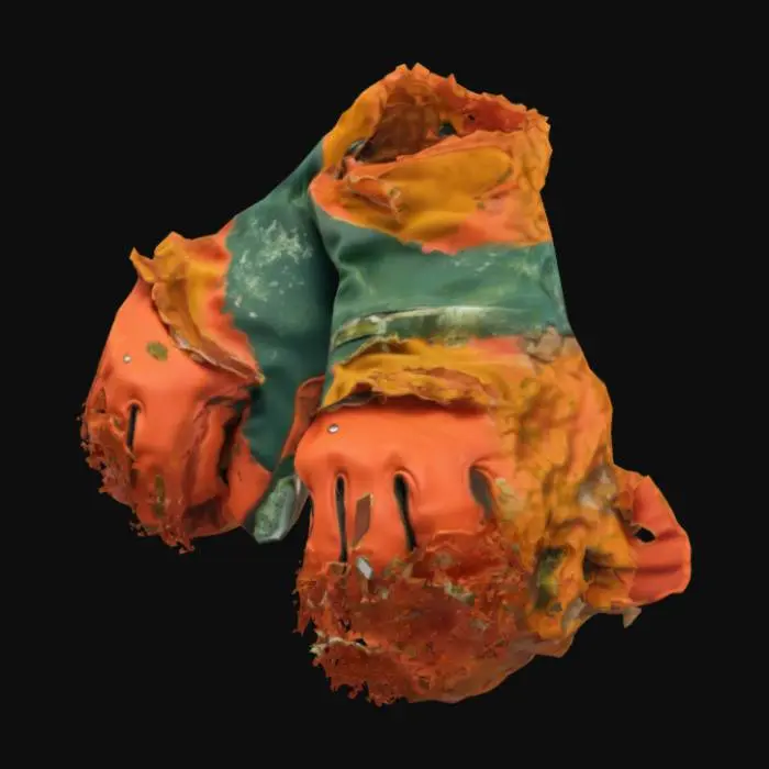 3D model for A pair of torn synthetic fishing gloves underwater, floating or tangled on coral. Fabric looks ripped, rubber parts faded and covered in algae. Stylized, worn out for underwater prop.”