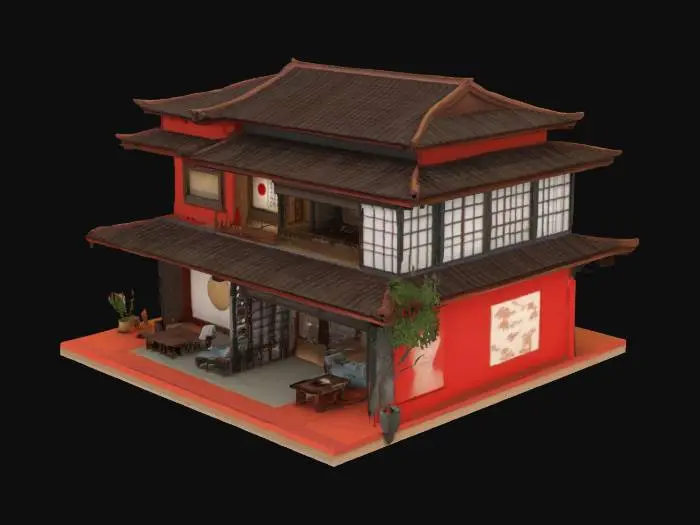 3D model for create a model with the outside shaped based on three cultures, that of kenya, japan and hong kong, the model should have an inner room or space with cultural elements of the three cultures. blend aesthetics of modern and traditional culture from each country.