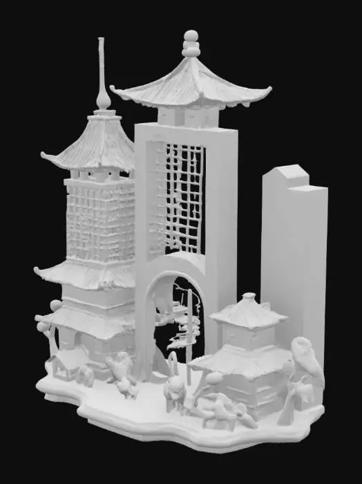3D model for create three piece center piece decorative model, with three sections, one side should represent japanese culture, and shaped based on japanese cultural and traditional architecture, with japanese cultural elements painted on it. the second section should represent hong kong and be influenced as well as shaped based on hong kong culture and traditions, while the third section should be based on kenyan tradition and culture. each should have pictures and paintings representing each respectful culture. since it will be a giant center piece, it should also have a secret inner room at the top, with a stairway leading to the secret inner room. the secret room inside the model should have cultural elements of each country, kenya, japan and hong kong
