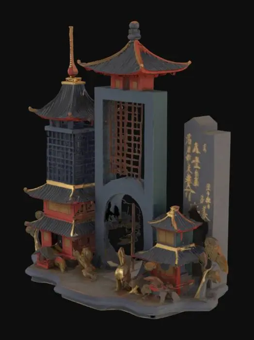 3D model for create three piece center piece decorative model, with three sections, one side should represent japanese culture, and shaped based on japanese cultural and traditional architecture, with japanese cultural elements painted on it. the second section should represent hong kong and be influenced as well as shaped based on hong kong culture and traditions, while the third section should be based on kenyan tradition and culture. each should have pictures and paintings representing each respectful culture. since it will be a giant center piece, it should also have a secret inner room at the top, with a stairway leading to the secret inner room. the secret room inside the model should have cultural elements of each country, kenya, japan and hong kong