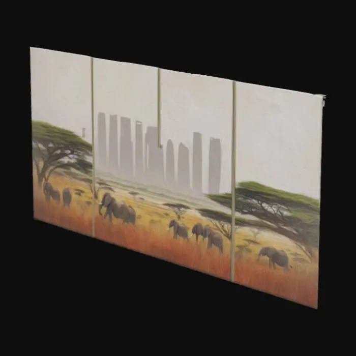 3D model for create a flat panel with a realistic and detailed mural or painting of the Kenyan skyline from the perspective of Nairobi national park, including distinct Kenyan animals. it will be used as walls, so the panel should be split into 4 sides separate from each other and which can be stretched in different dimensions withought loosing the detail or distorting the mural/ painting
