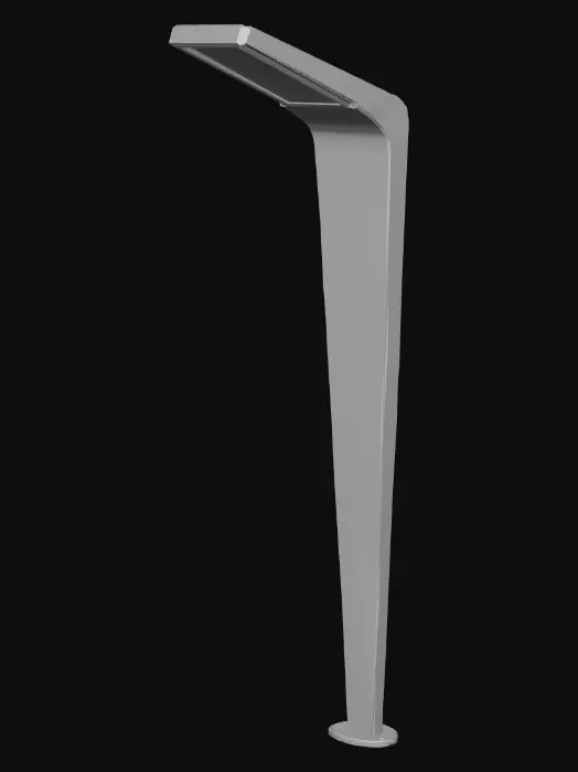 3D model for A near-future street lamp, featuring a slender, tapered pole crafted from matte dark grey anodized aluminum. Its integrated light source is a rectangular panel of frosted, luminous acrylic, emitting a cool white glow. The surface is exceptionally smooth and cool to the touch, with crisp, clean edges. The structure is minimalist and sleek, devoid of external wiring, conveying a highly engineered and robust yet elegant form.