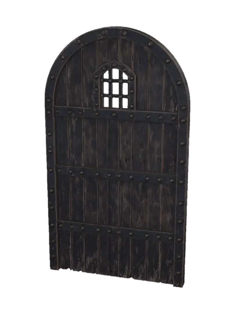 A single heavy wooden dungeon door, 2 meters wide by 3.5 meters tall, dark aged oak,… 3D model, vytvořený pomocí AI