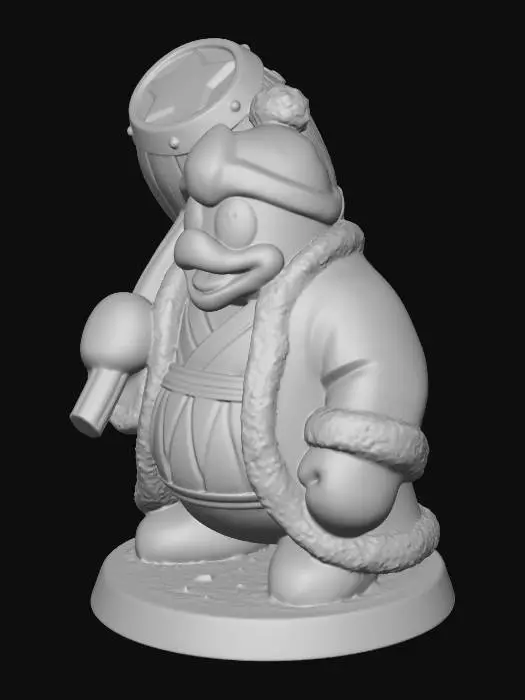 3D model for A hand-painted 32mm tabletop miniature of a 1980's grimdark fantasy style ork, wearing the garbs and wielding the mallet of King Dedede (Kirby). Highly detailed miniature sculpt, visible brush strokes, matte acrylic paint, subtle weathering and edge highlights. Studio product photography, soft diffused lighting, centered composition, sharp focus, macro lens, clean white neutral background.
