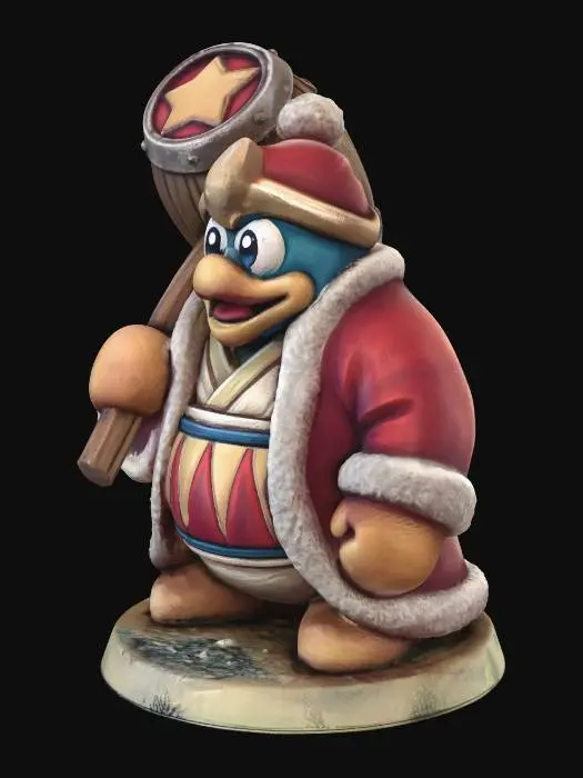 3D model for A hand-painted 32mm tabletop miniature of a 1980's grimdark fantasy style ork, wearing the garbs and wielding the mallet of King Dedede (Kirby). Highly detailed miniature sculpt, visible brush strokes, matte acrylic paint, subtle weathering and edge highlights. Studio product photography, soft diffused lighting, centered composition, sharp focus, macro lens, clean white neutral background.