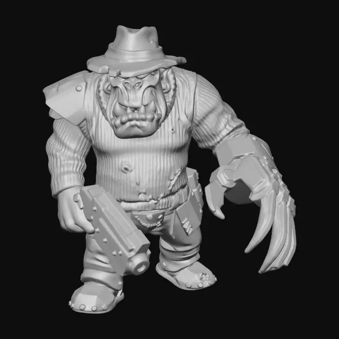 3D model for A hand-painted 32mm tabletop miniature of a 1980's grimdark fantasy style ork, wearing the fedora and sweater of Freddy Krueger and wielding a power klaw similar to Fredddy's glove. Highly detailed miniature sculpt, visible brush strokes, matte acrylic paint, subtle weathering and edge highlights. Studio product photography, soft diffused lighting, centered composition, sharp focus, macro lens, clean white neutral background.