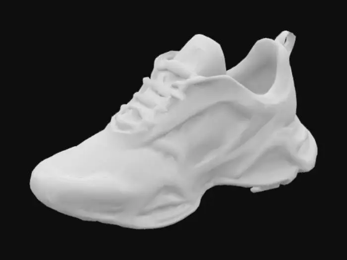 3D model for Create a highly detailed, realistic 3D model of a futuristic sneaker. The sneaker should have sleek lines, advanced-looking materials like carbon fiber or mesh, and glowing neon accents in electric blue and vibrant orange. Show the sneaker from multiple angles, on a reflective black surface, with a dramatic spotlight highlighting its texture and shape.