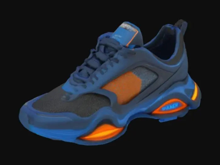3D model for Create a highly detailed, realistic 3D model of a futuristic sneaker. The sneaker should have sleek lines, advanced-looking materials like carbon fiber or mesh, and glowing neon accents in electric blue and vibrant orange. Show the sneaker from multiple angles, on a reflective black surface, with a dramatic spotlight highlighting its texture and shape.