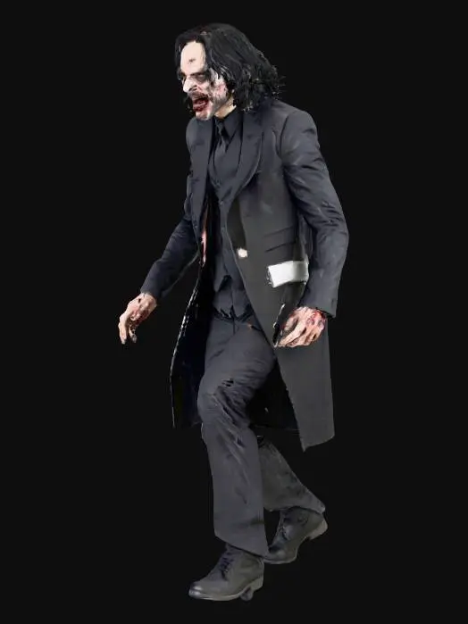 3D model for #Halloween2025# Jon Wick in an action pose. Zombie style features. Tattered black suit.
