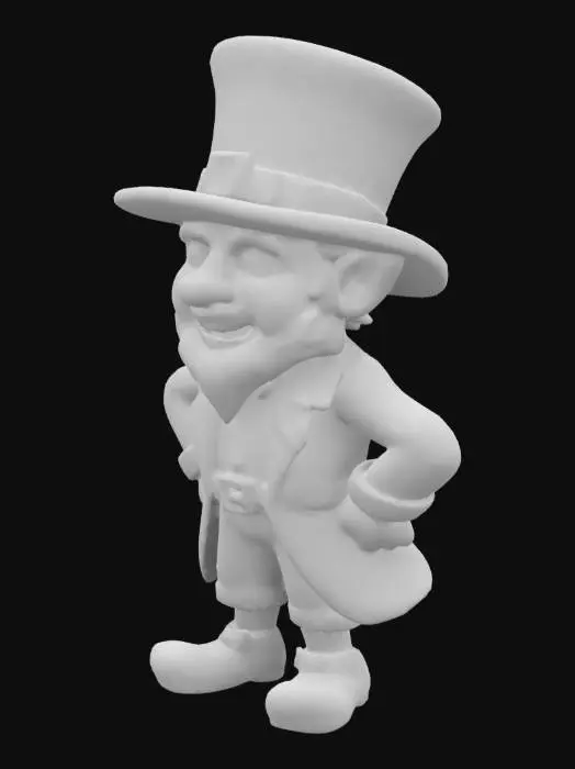 3D model for Impish leprechaun suitable for 3d printing, teasing but not scary. his hat should have a leather band with a rectangular brass buckle