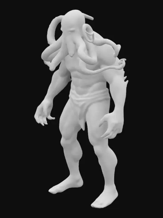 3D model for a humanoid male creature, a hybrid of an Octopus and a human, eight muscular tentacles and strong arms, with rough and strong body curves, very strong and expressive muscles, a fierce look, the tentacles wriggle.