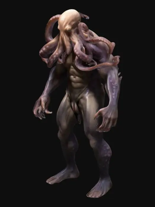 3D model for a humanoid male creature, a hybrid of an Octopus and a human, eight muscular tentacles and strong arms, with rough and strong body curves, very strong and expressive muscles, a fierce look, the tentacles wriggle.