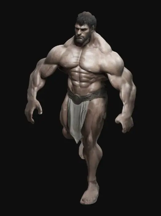 3D model for humanoid creature male Hercules, with rough and strong curves of the body, very strong and expressive muscles, stern look