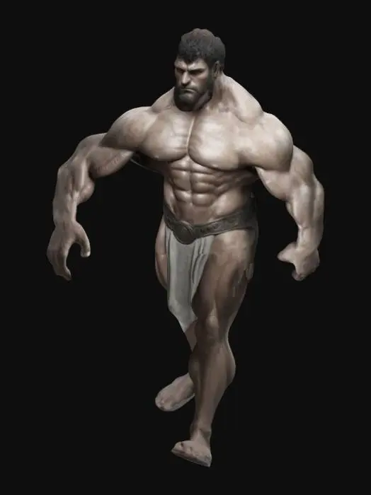 3D model for humanoid creature male Hercules, with rough and strong curves of the body, very strong and expressive muscles, stern look