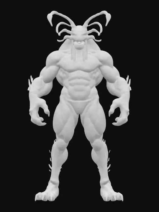 3D model for a humanoid male creature, a hybrid of a scarab beetle and a human, strong shiny beetle hands, with rough and strong body curves, very strong and expressive muscles, a fierce look, spikes on its paws.