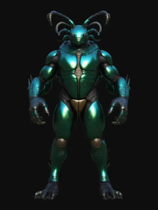 3D model for a humanoid male creature, a hybrid of a scarab beetle and a human, strong shiny beetle hands, with rough and strong body curves, very strong and expressive muscles, a fierce look, spikes on its paws.