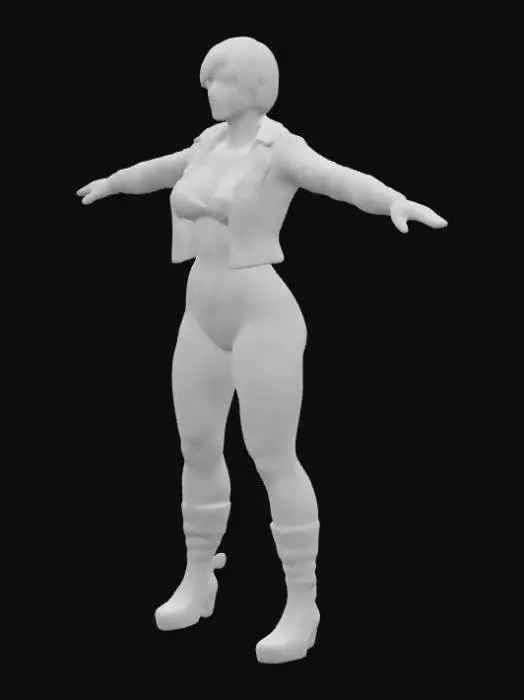 3D model for Una mujer hermosa con cabello negro y corto, cuerpo atletico senos y caderas grandes, chaqueta de cuero estilo aviador abierta y corta con las mangas remangadas un traje de latex azul ajustado al cuerpo y botas fututuristas, estilo piloto de nave espacial de ciencia ficción, en Te pose, no armas, no casco, no accesorios.