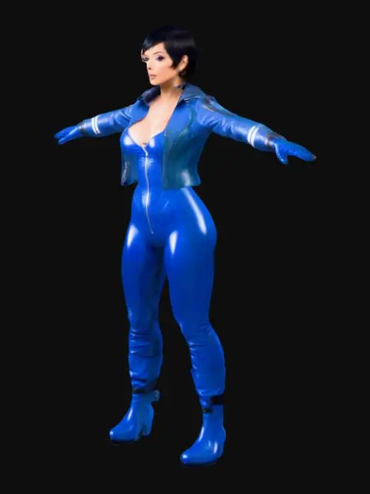 3D model for Una mujer hermosa con cabello negro y corto, cuerpo atletico senos y caderas grandes, chaqueta de cuero estilo aviador abierta y corta con las mangas remangadas un traje de latex azul ajustado al cuerpo y botas fututuristas, estilo piloto de nave espacial de ciencia ficción, en Te pose, no armas, no casco, no accesorios.